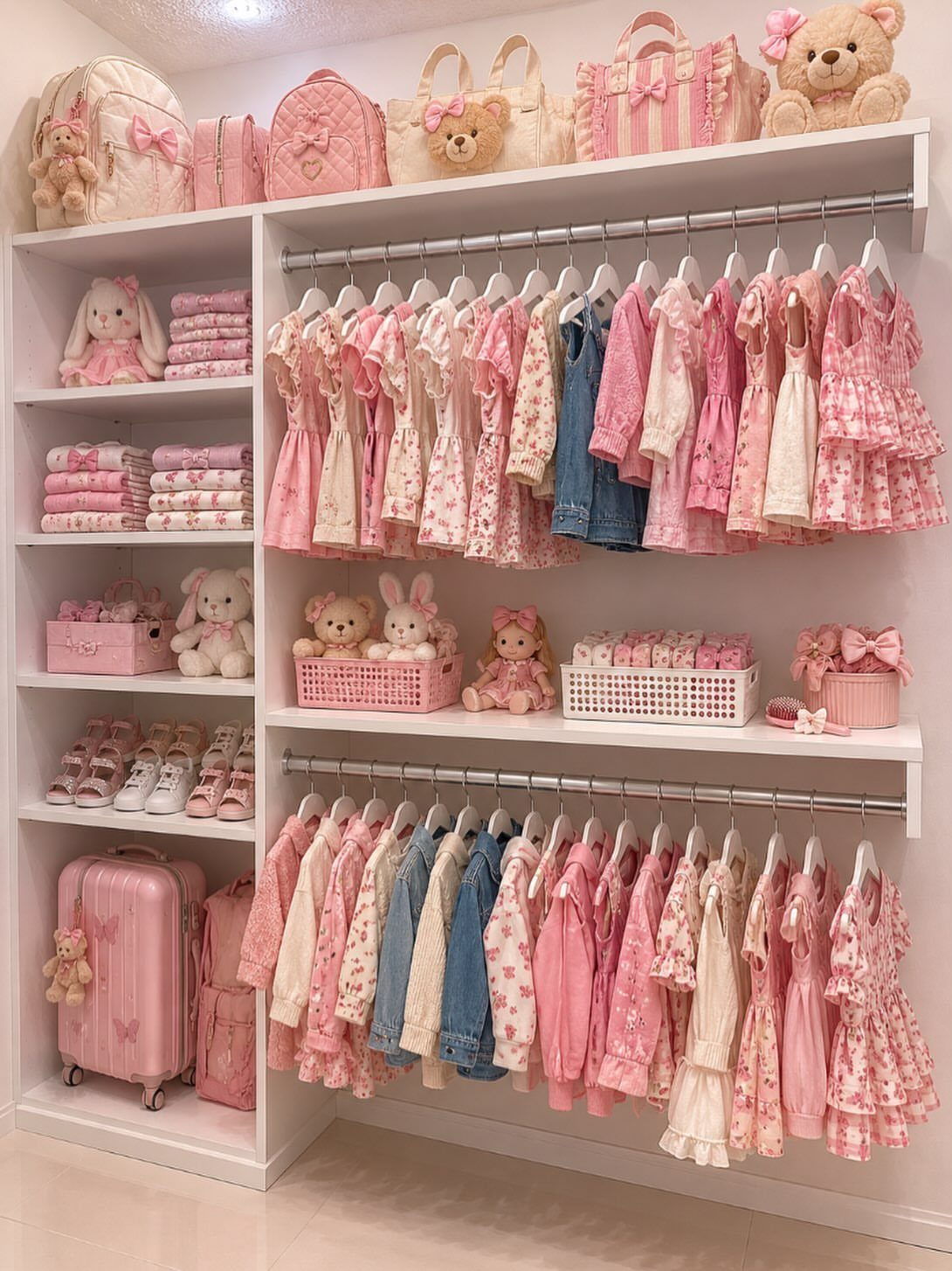 White reach-in closet organized with pink children's dresses, shoes, and plush teddy bears.