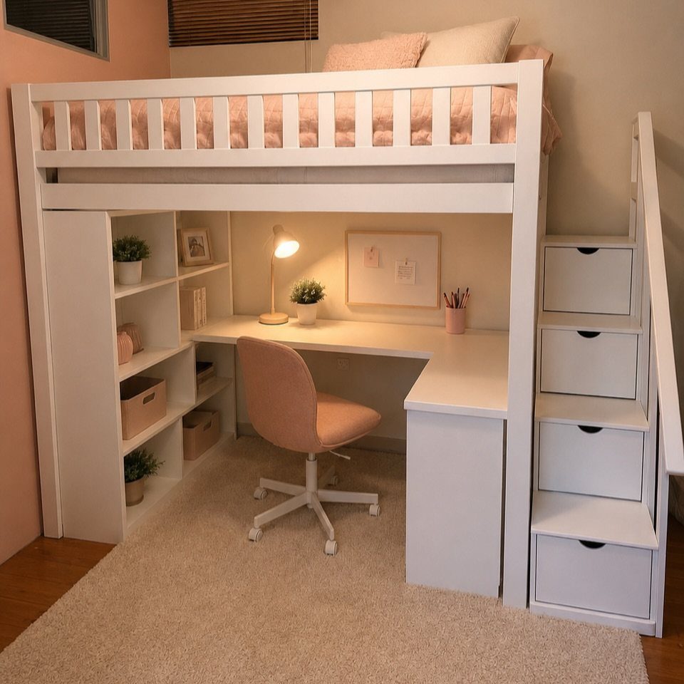 White loft bed with integrated desk, shelving, and storage drawers in the stairs.