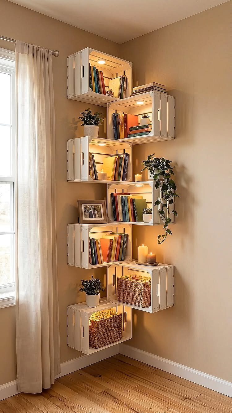 White wooden crate shelves mounted on a wall holding books and plants