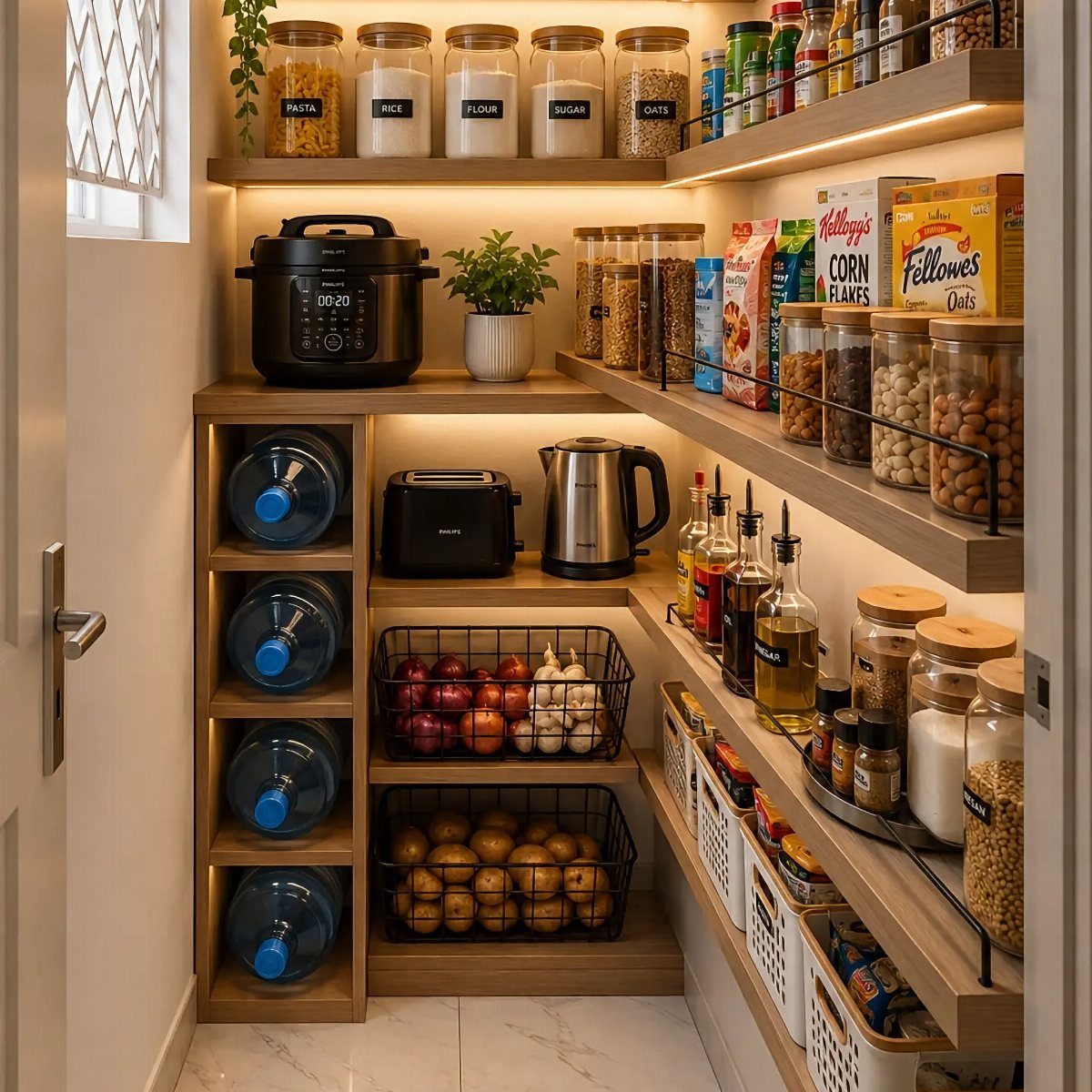 Labeled glass jars of pantry staples on a wooden shelf in a kitchen.