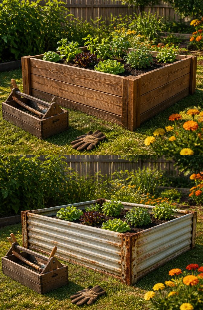 Raised garden bed made from cedar planks.