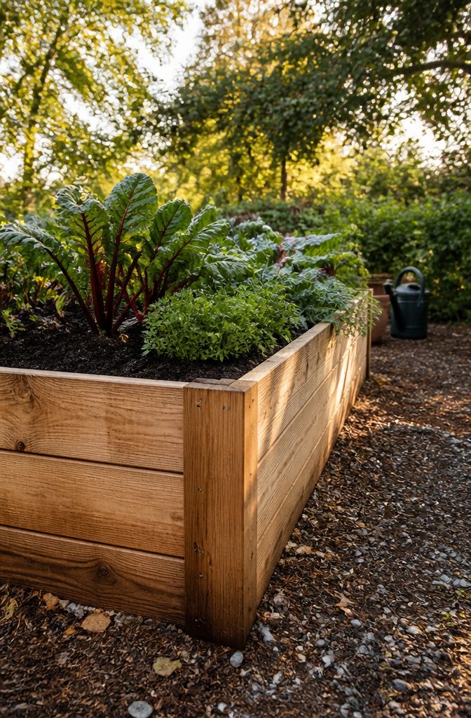 Raised garden bed filled with rich soil and visible layers.