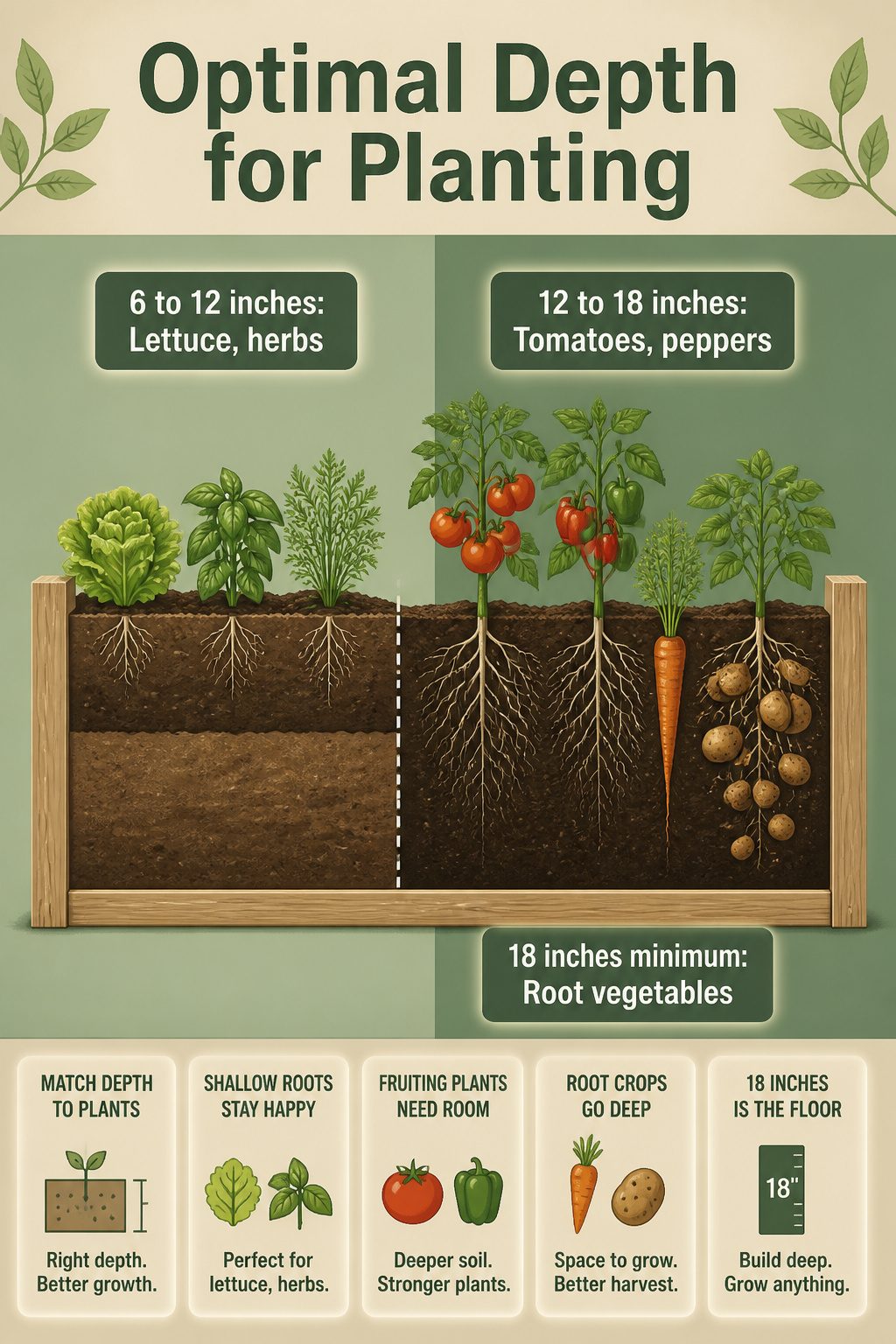 Infographic showing optimal planting depths for various crops.