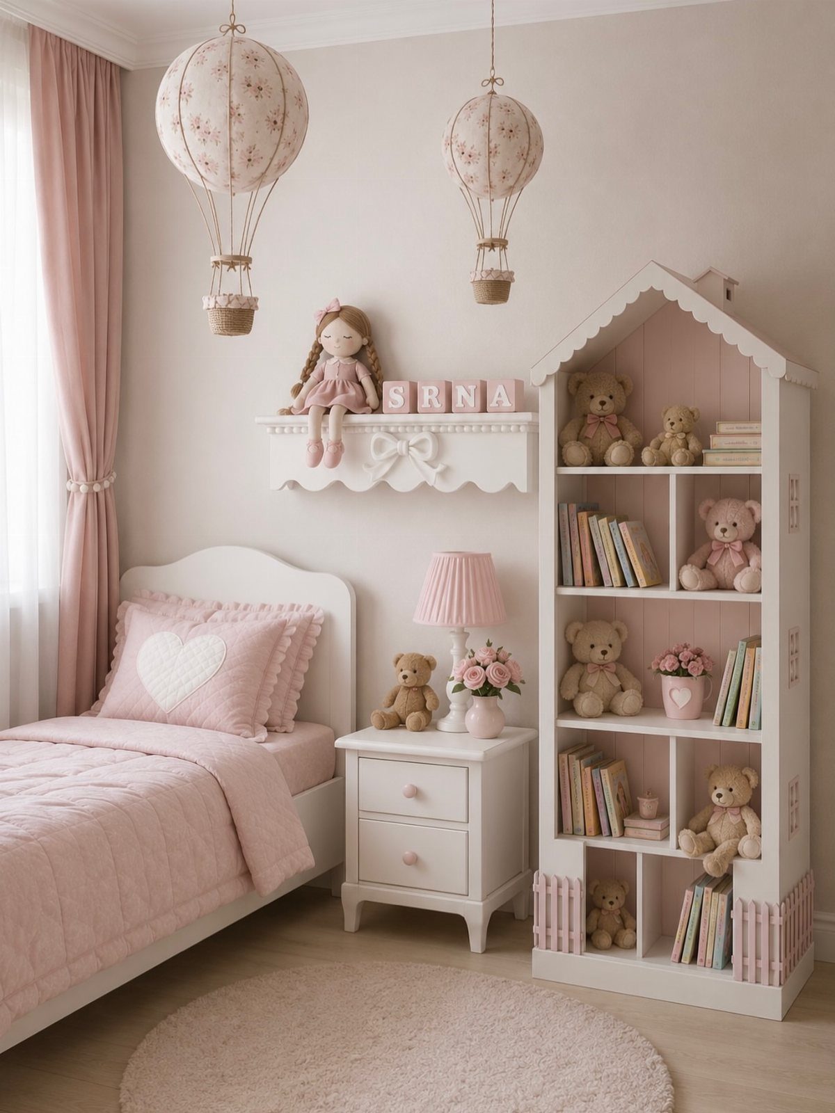 Toddler girl's bedroom with pink bedding, house-shaped bookshelf, and hot air balloon lamps.