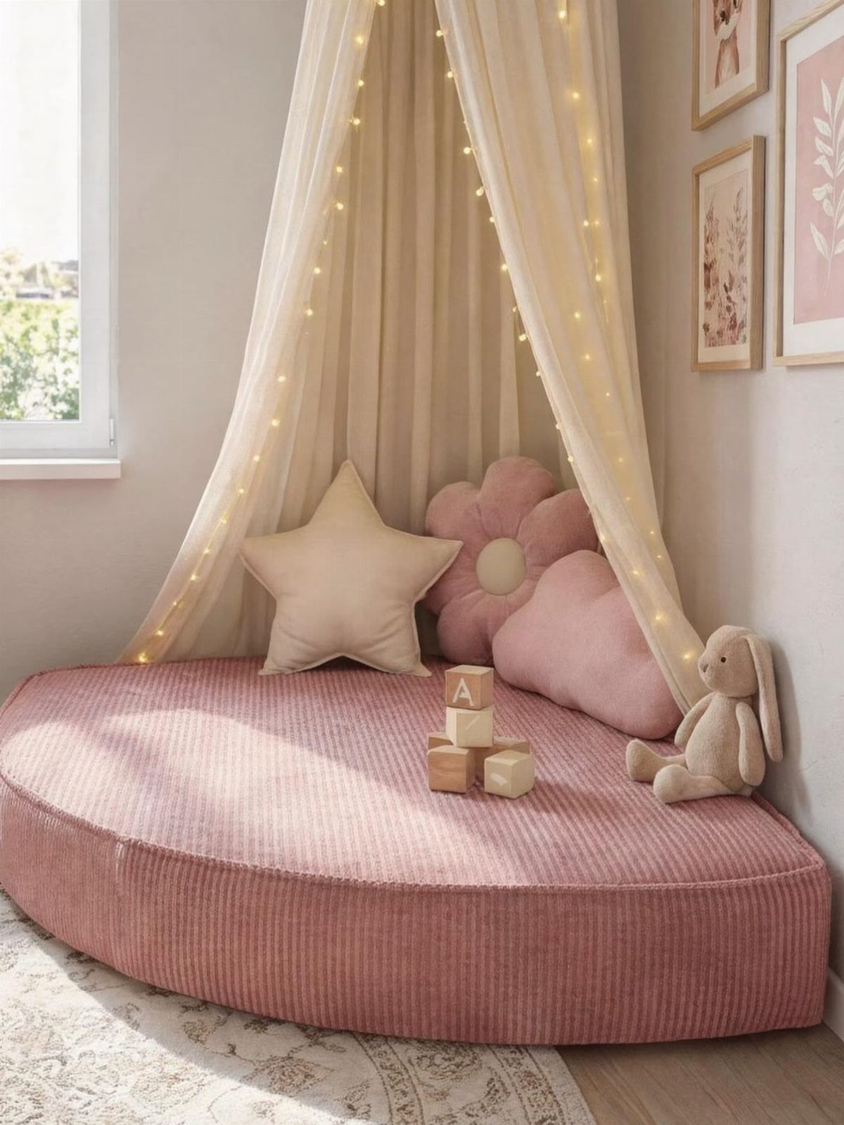 Pink floor mattress with cream canopy and fairy lights in a toddler bedroom