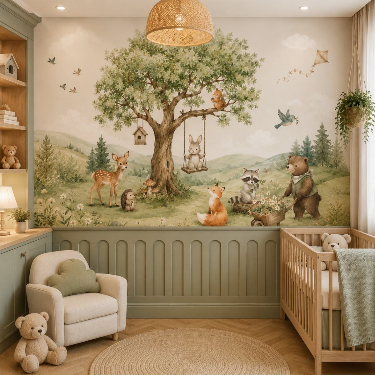 Child's bedroom with a forest animal mural and olive green painted lower walls.