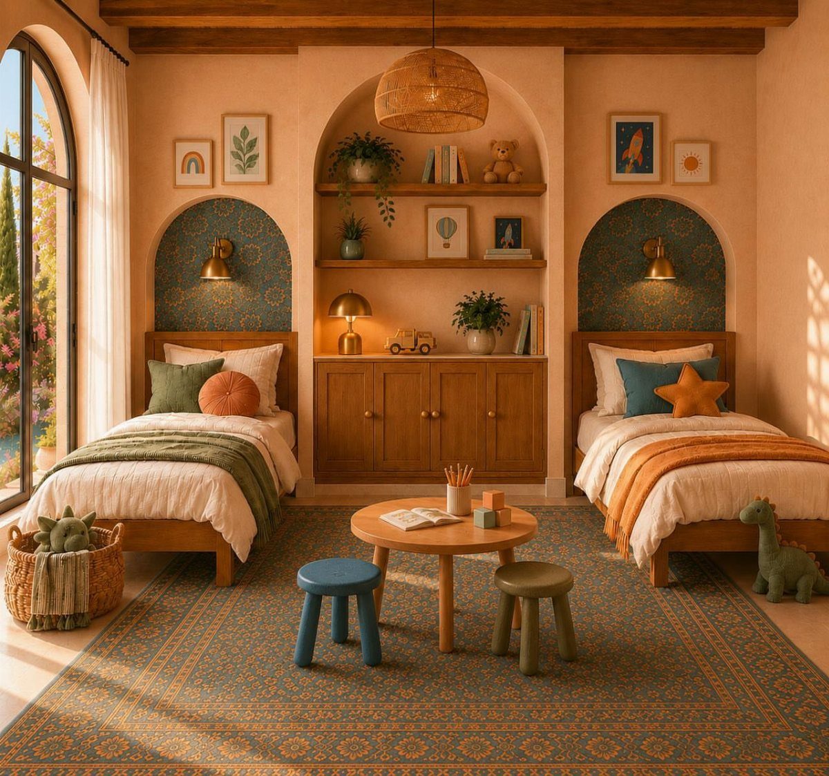 Peach bedroom with teal patterned wallpaper arches and two twin wooden beds