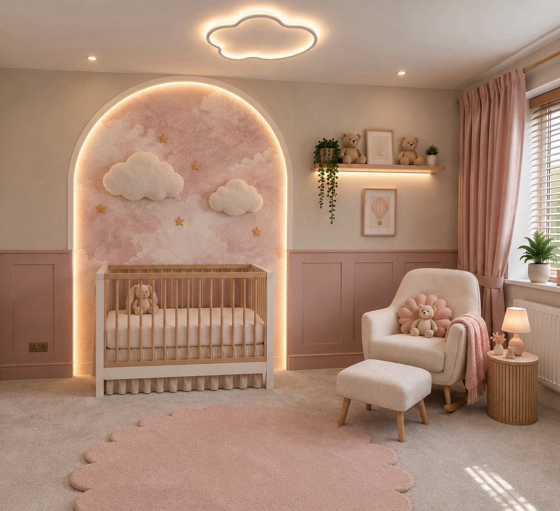Soft pink wall paneling in a toddler bedroom with a white crib and armchair.