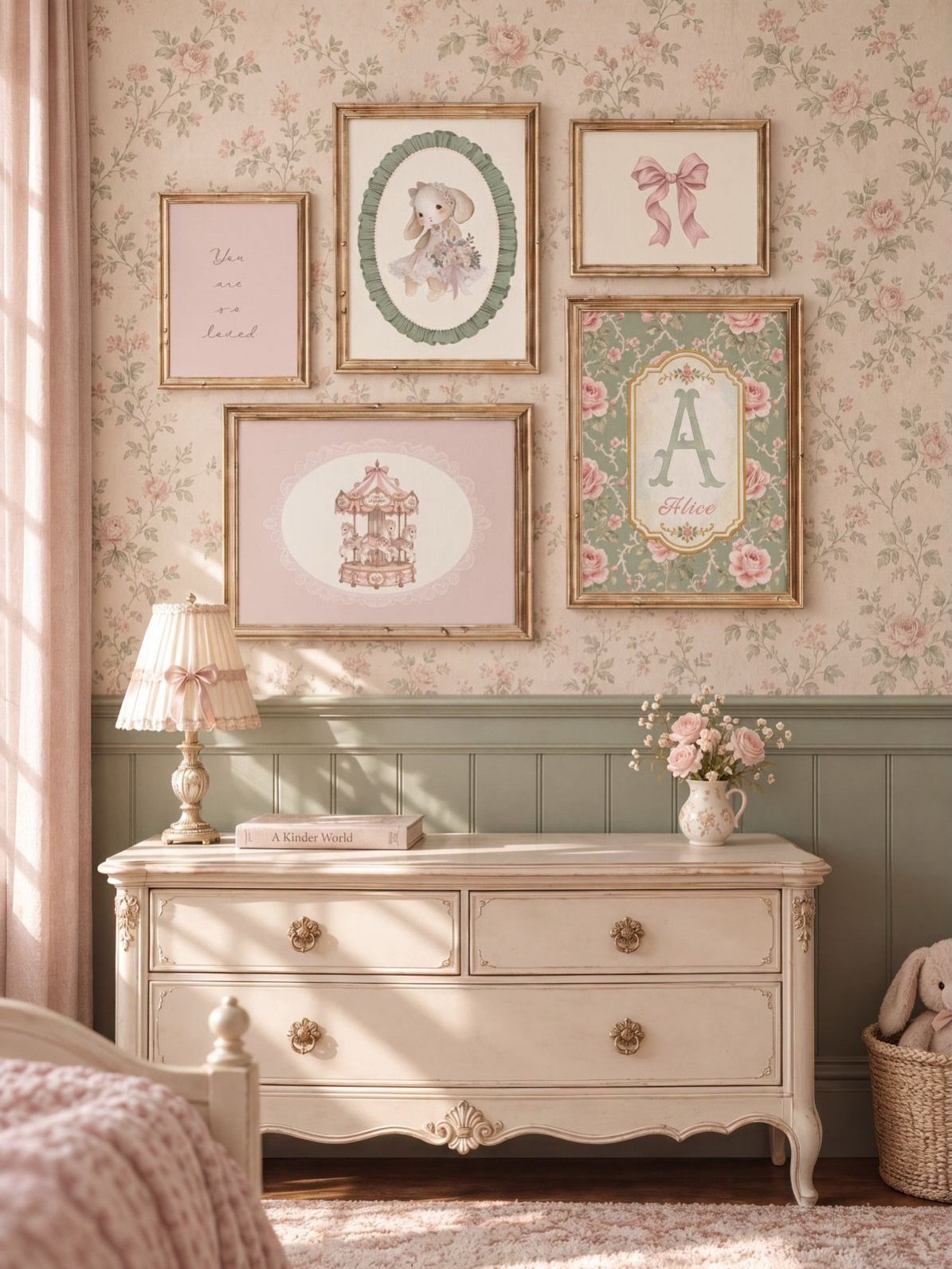Vintage bedroom with floral wallpaper, sage green paneling, and an ornate cream dresser.