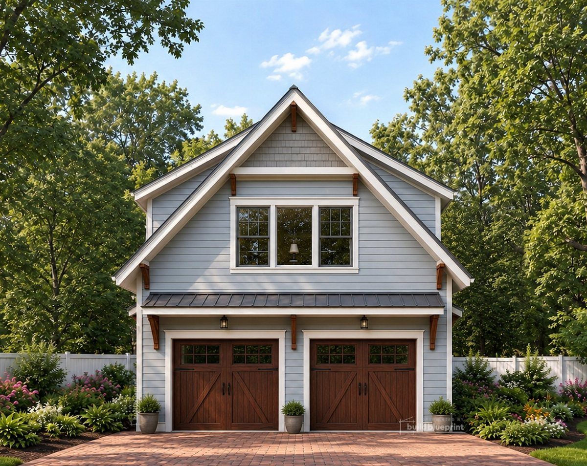 Two-car garage with a finished apartment living space located on the second floor.