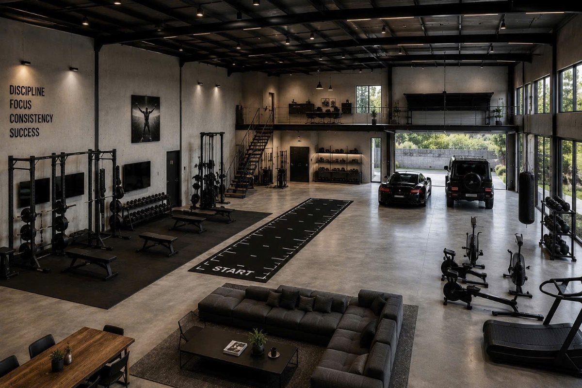 Modern industrial garage converted into a fitness room and lounge with parked cars.