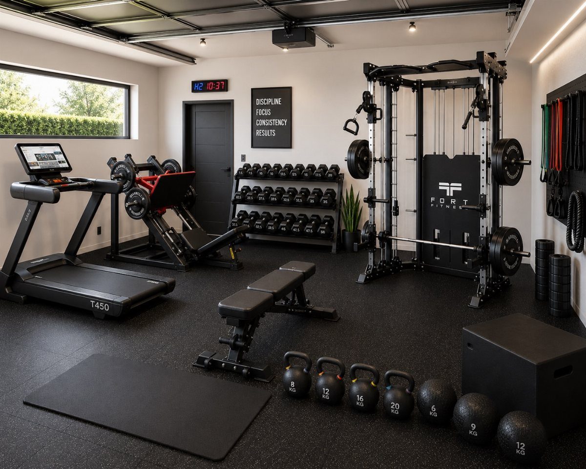 Home gym in a garage with treadmill, power rack, and various free weights.