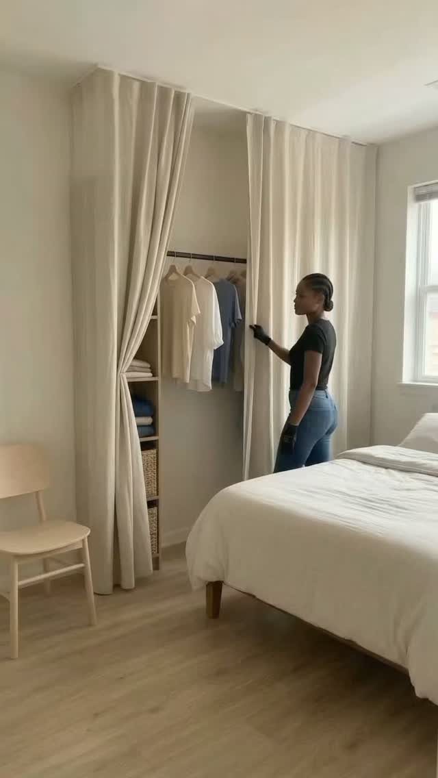 Wall unit closet with hanging clothes and shelves hidden by cream curtains in bedroom.