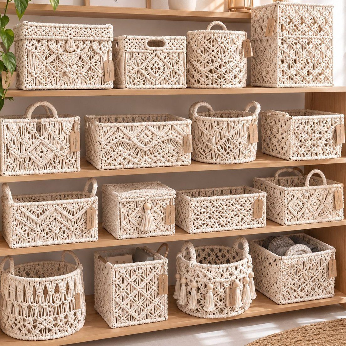 Woven cream baskets organized on light wood open shelving for storage.