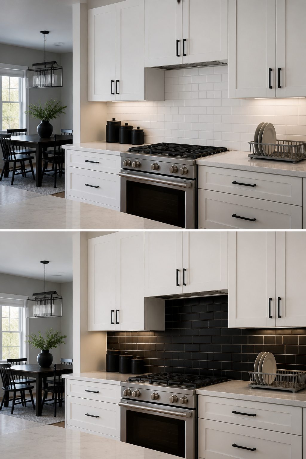 A kitchen with a matte black tile backsplash and white cabinetry.
