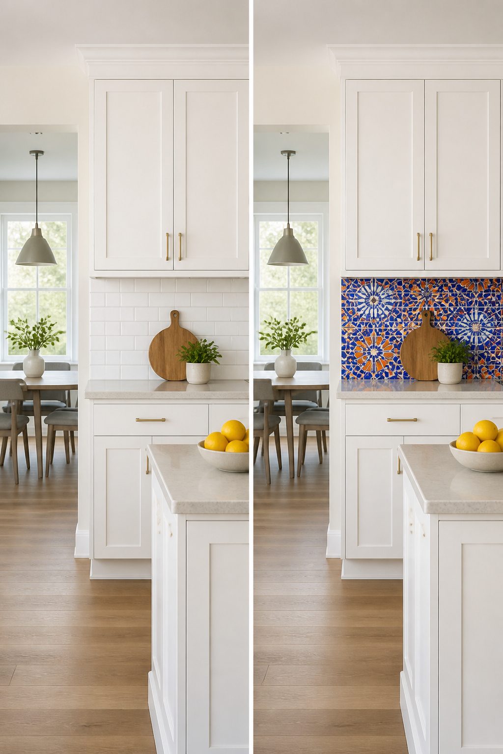 A kitchen featuring bold colored tile backsplash.