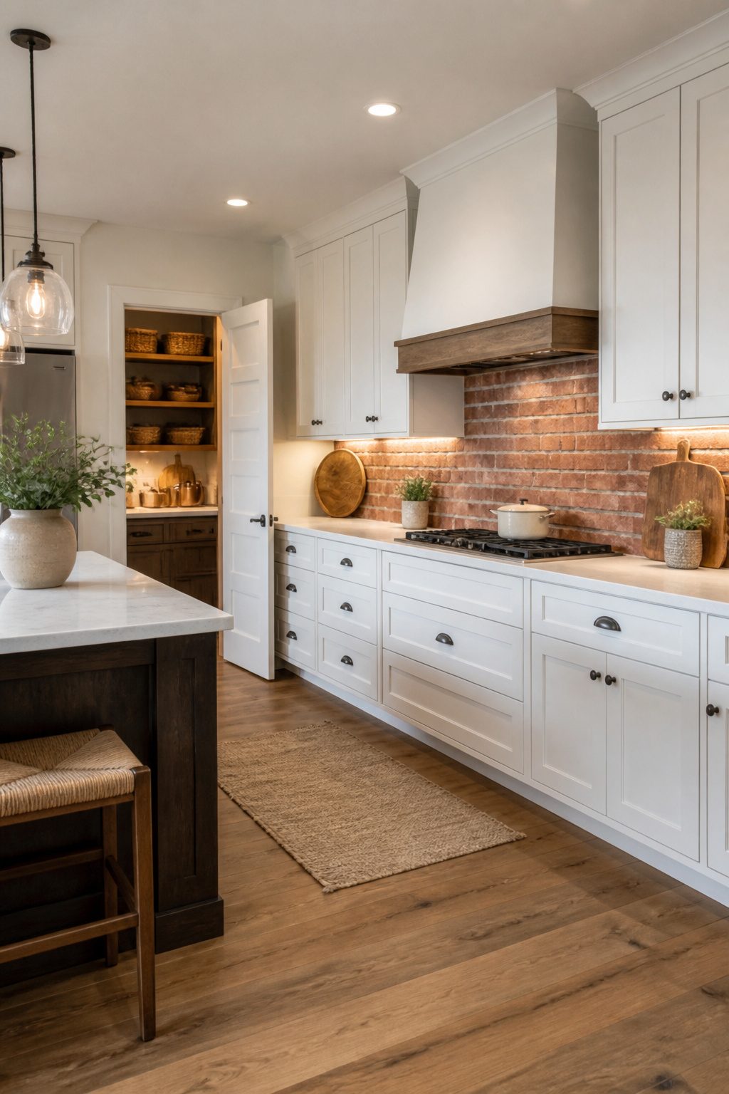 A kitchen with a rustic brick tile backsplash.