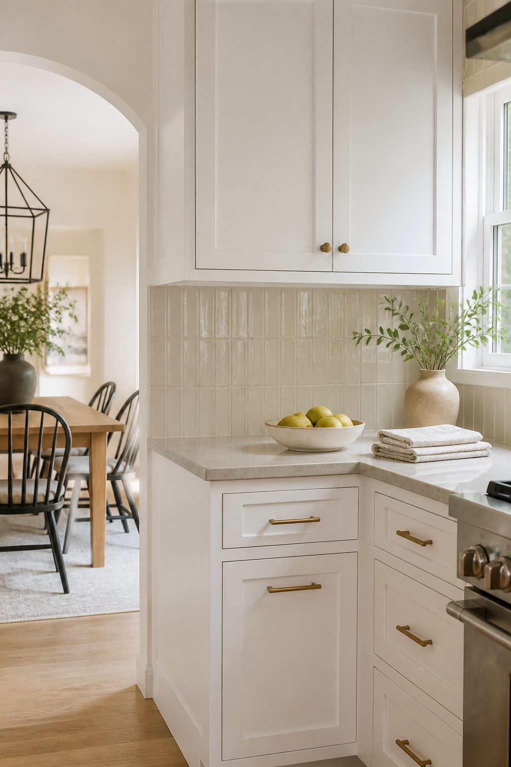 A kitchen with cream Kit Kat tile backsplash.
