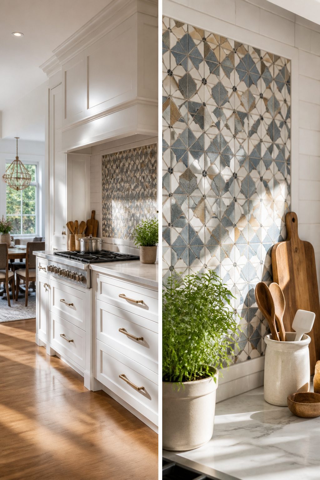 A kitchen with a custom inset tile design.