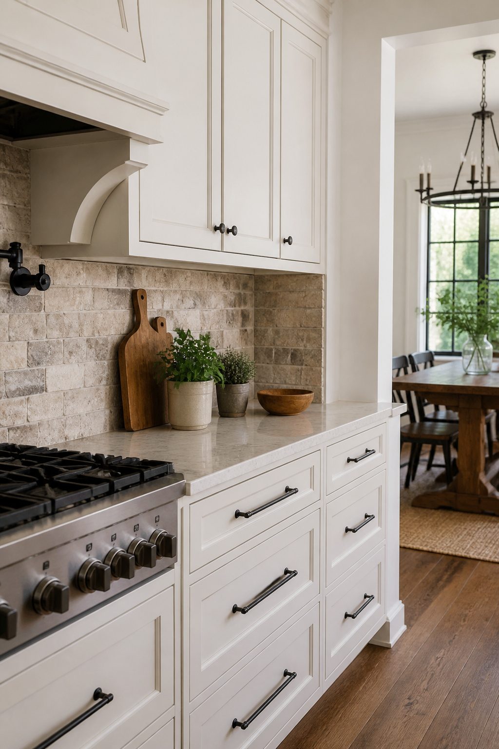 A kitchen featuring a natural stone tile backsplash.