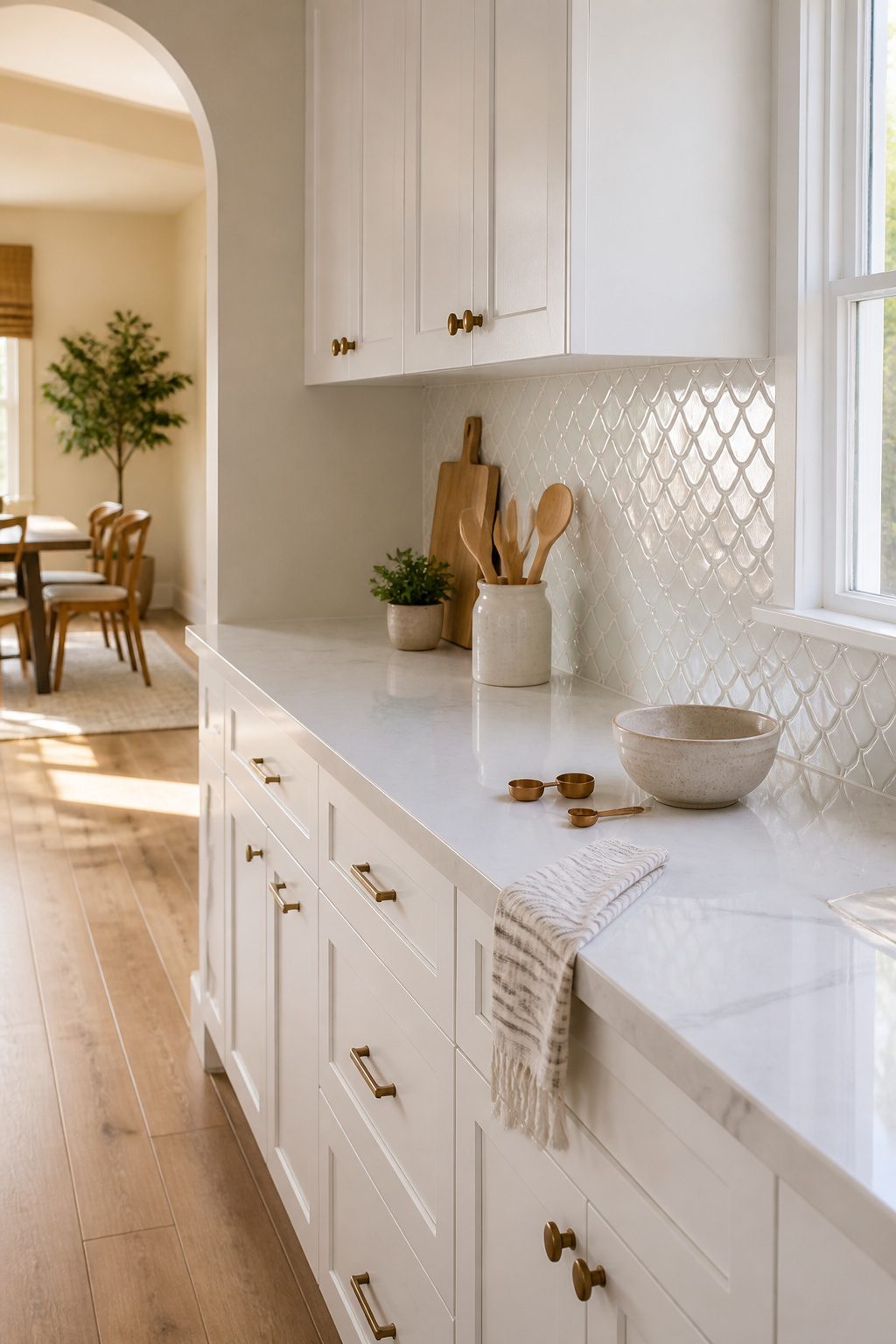 A kitchen featuring a fish scale tile backsplash.
