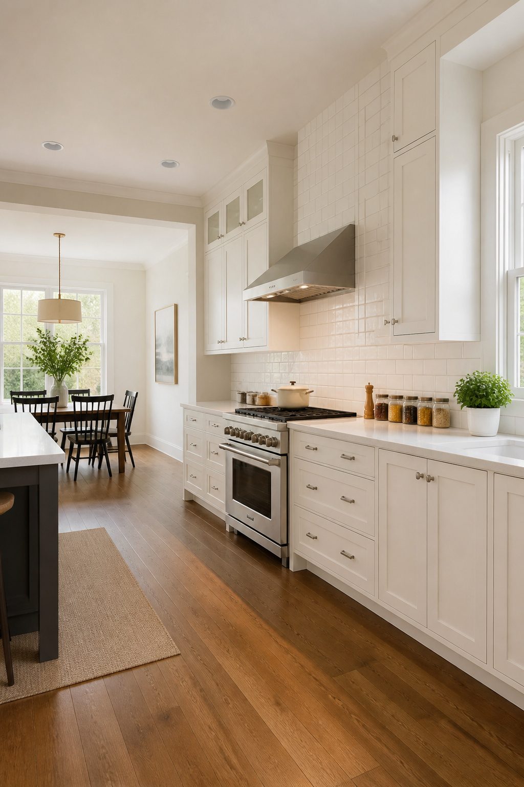 A kitchen with full-height tile backsplash.