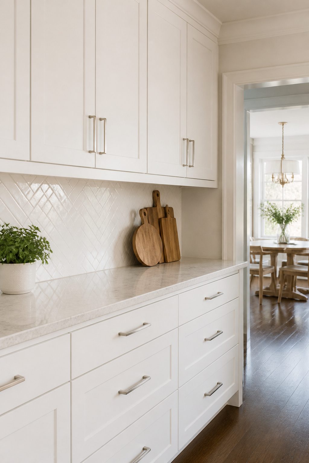 A kitchen adorned with a geometric tile backsplash.