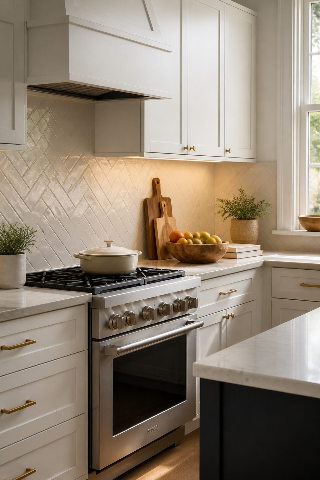 A kitchen with a herringbone-patterned tile backsplash.