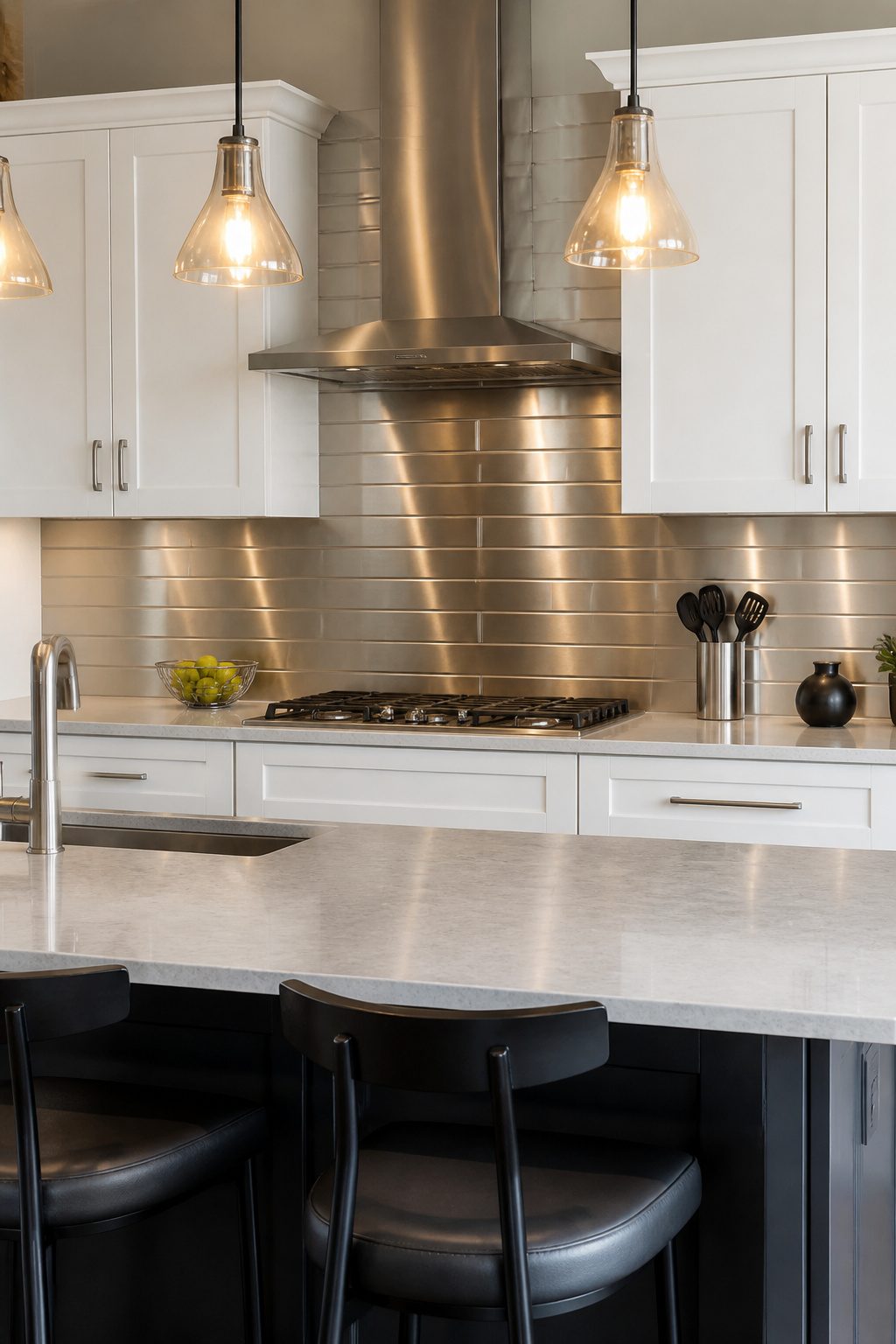 A kitchen featuring a metallic tile backsplash.