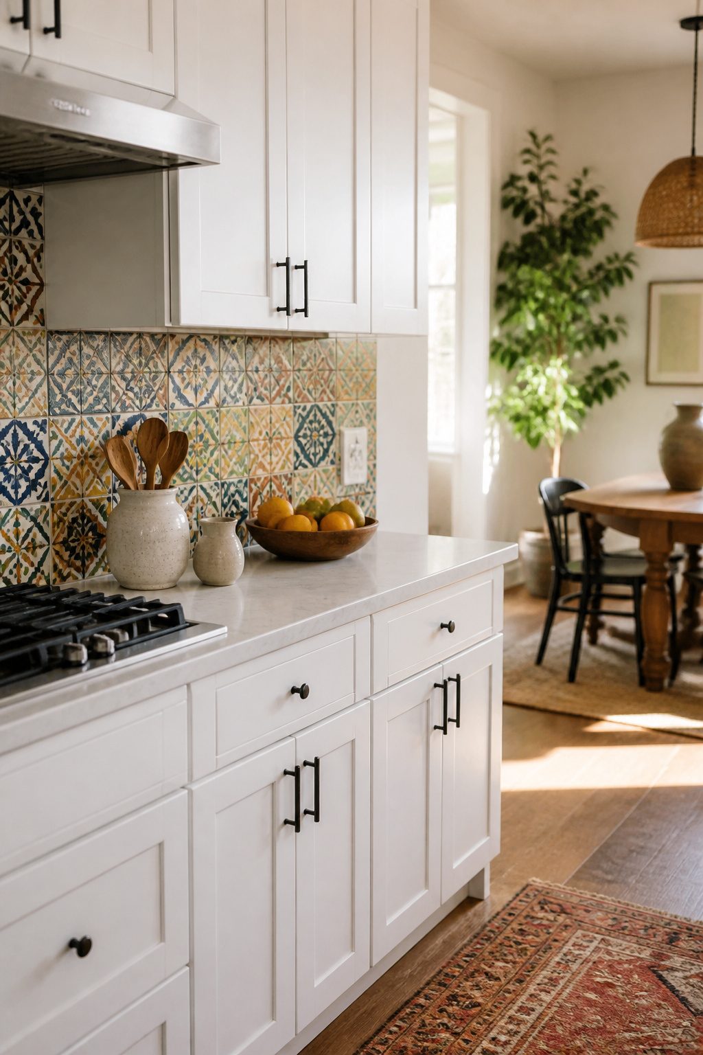 A kitchen with Moroccan tile backsplash.
