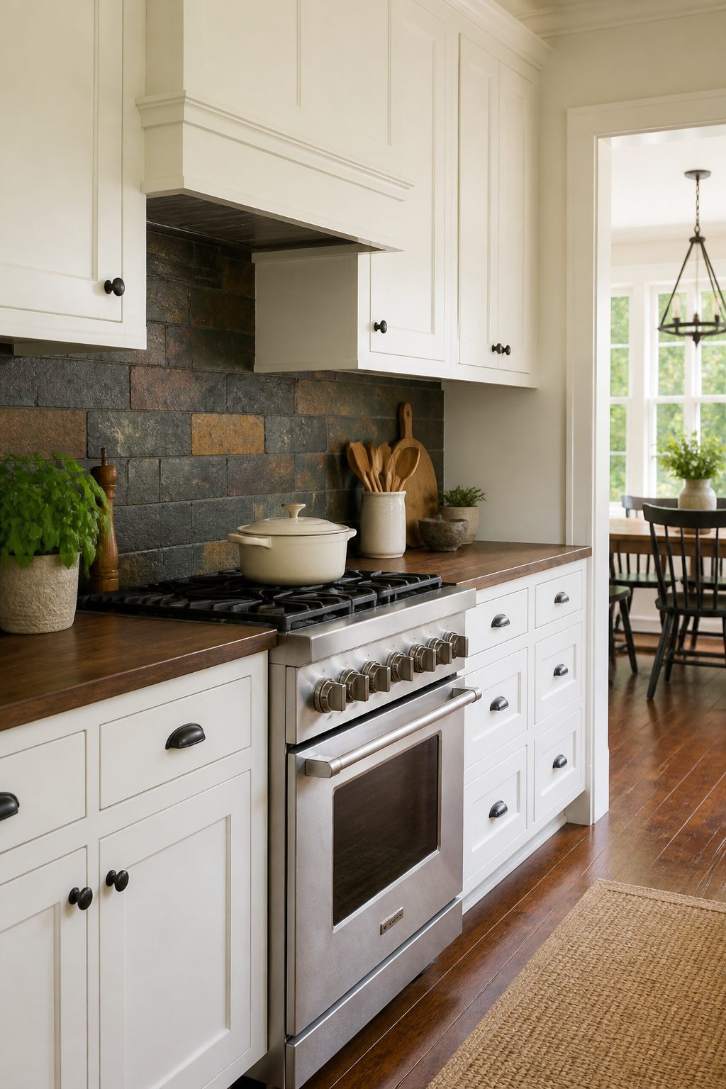 A kitchen showcasing a rustic slate tile backsplash.