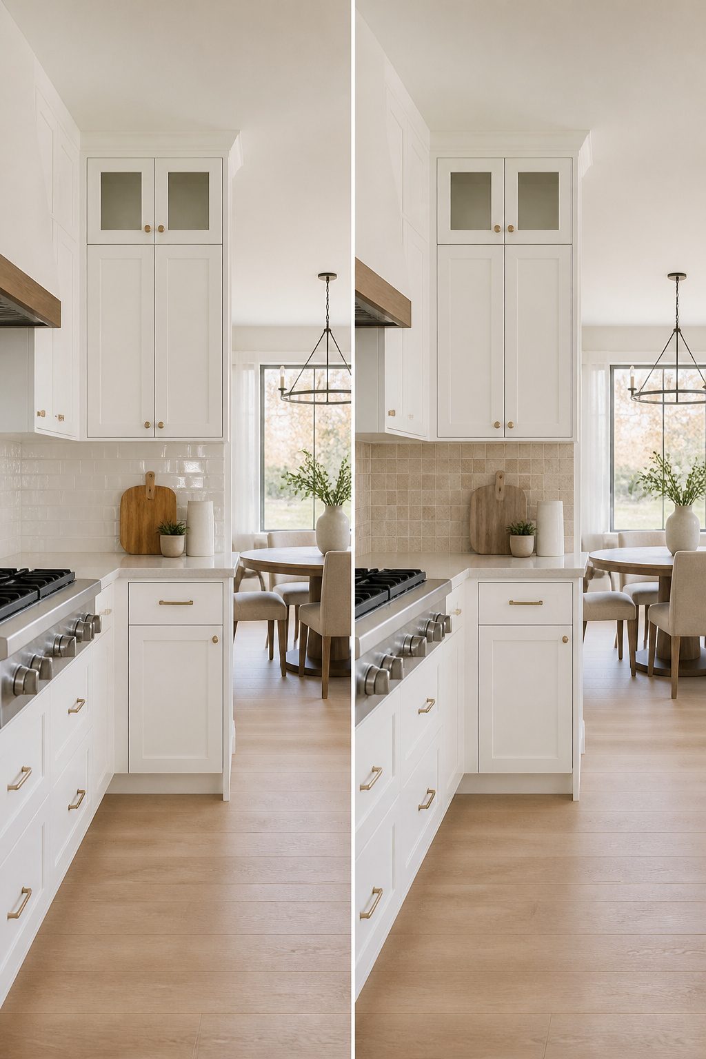 A kitchen with soft contrast tile backsplash.