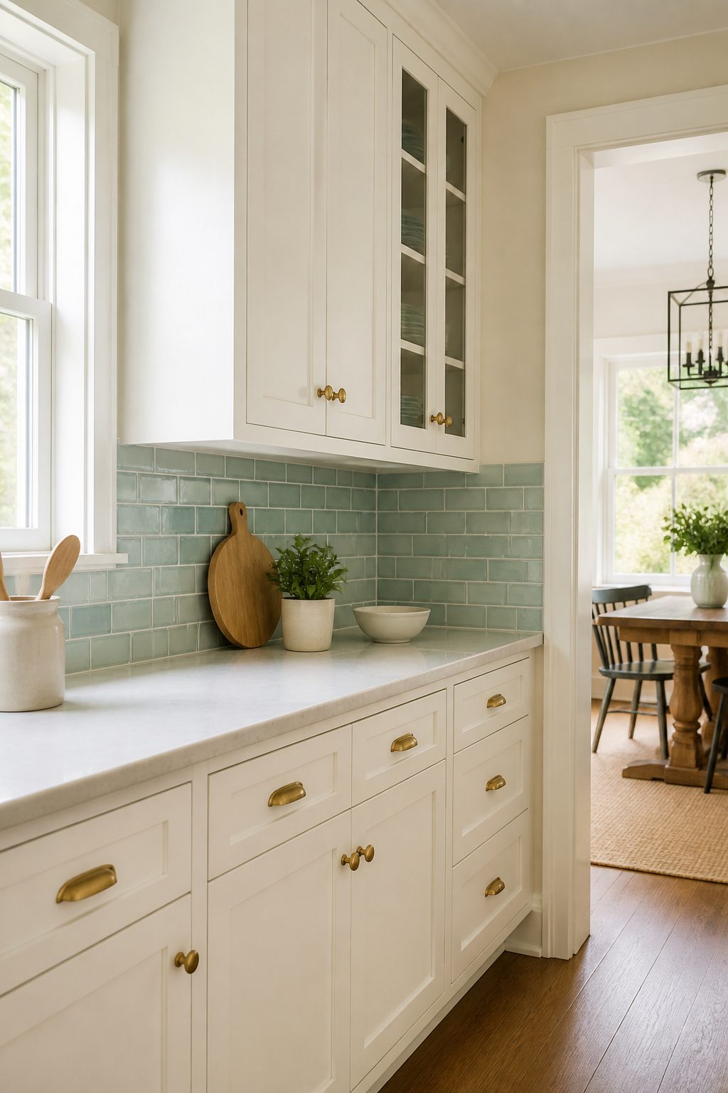 A kitchen with soft pastel tile backsplash.