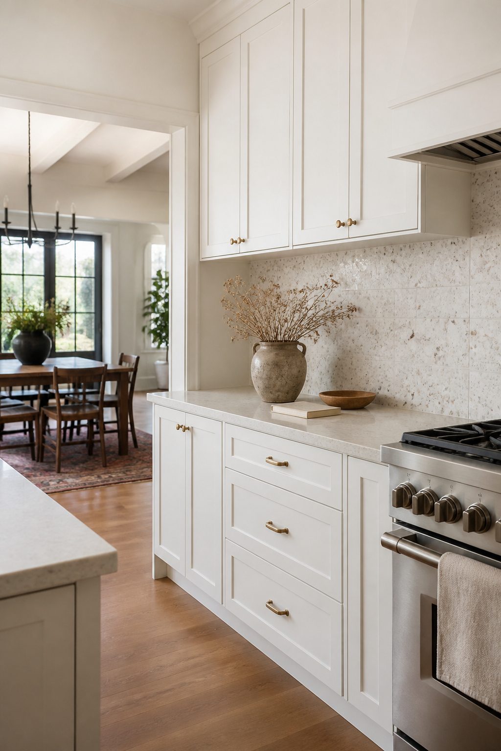 A kitchen with a terrazzo tile backsplash.
