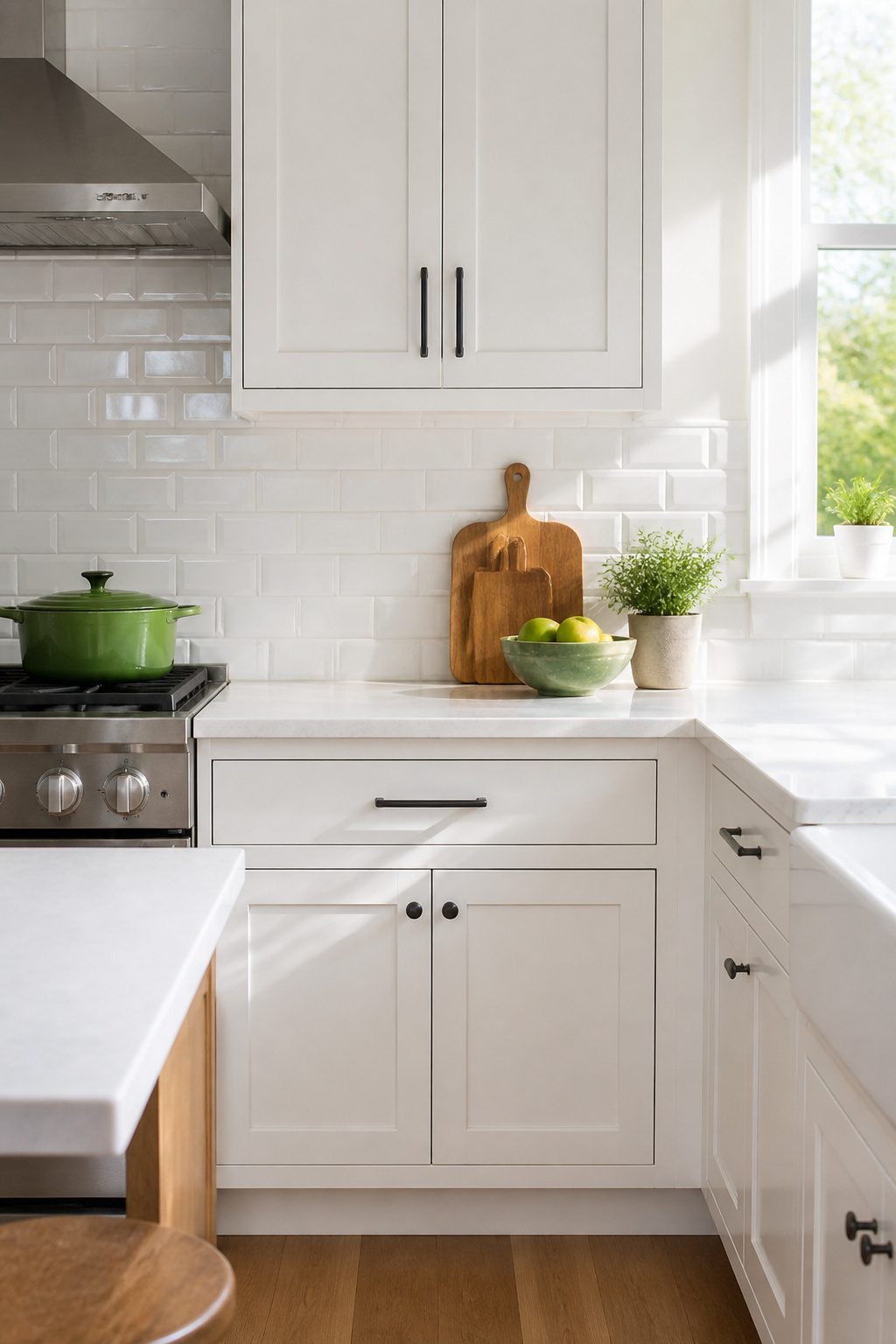 A kitchen with white subway tile backsplash and white cabinets.
