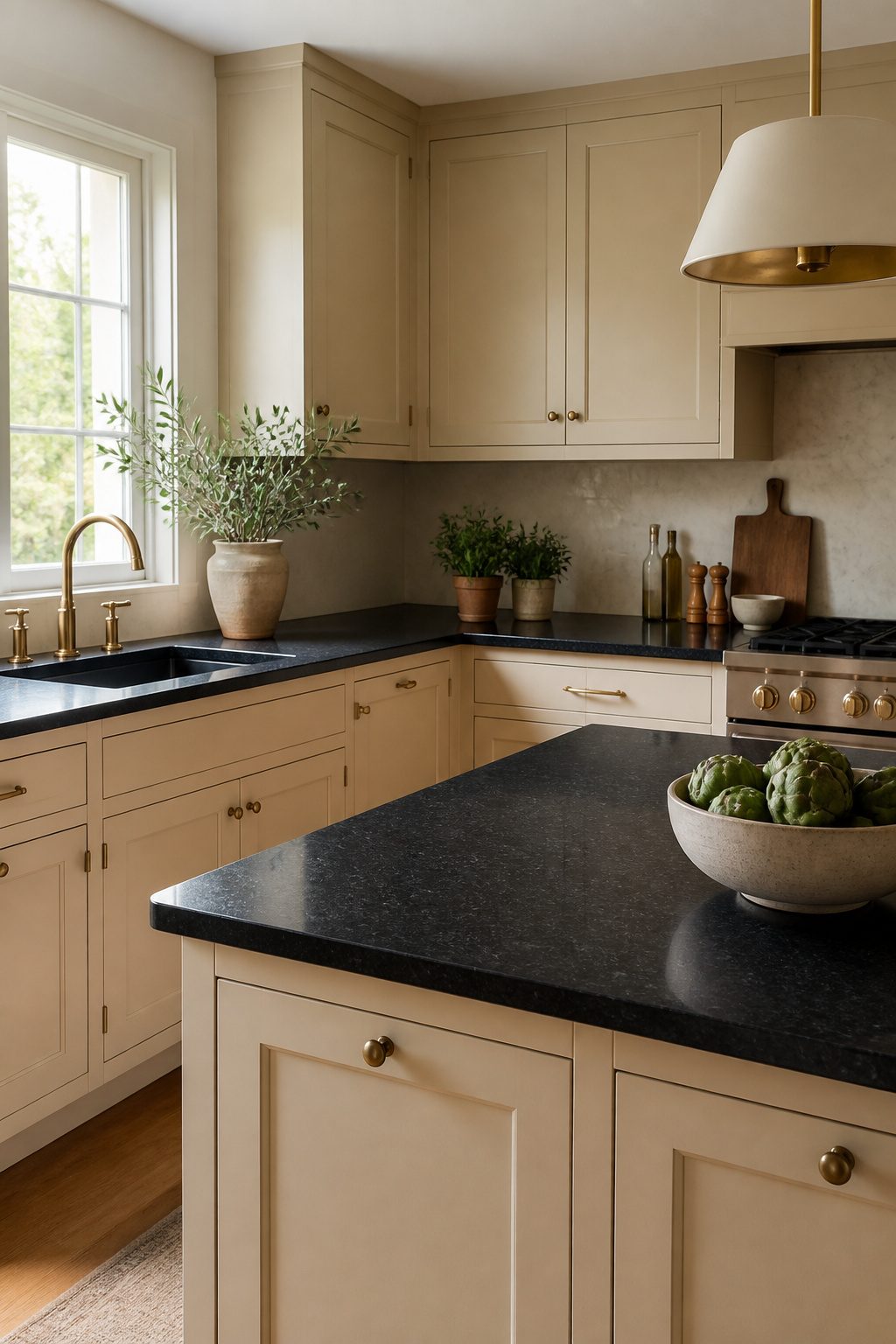 Inviting kitchen featuring beige and cream cabinets with black countertops.