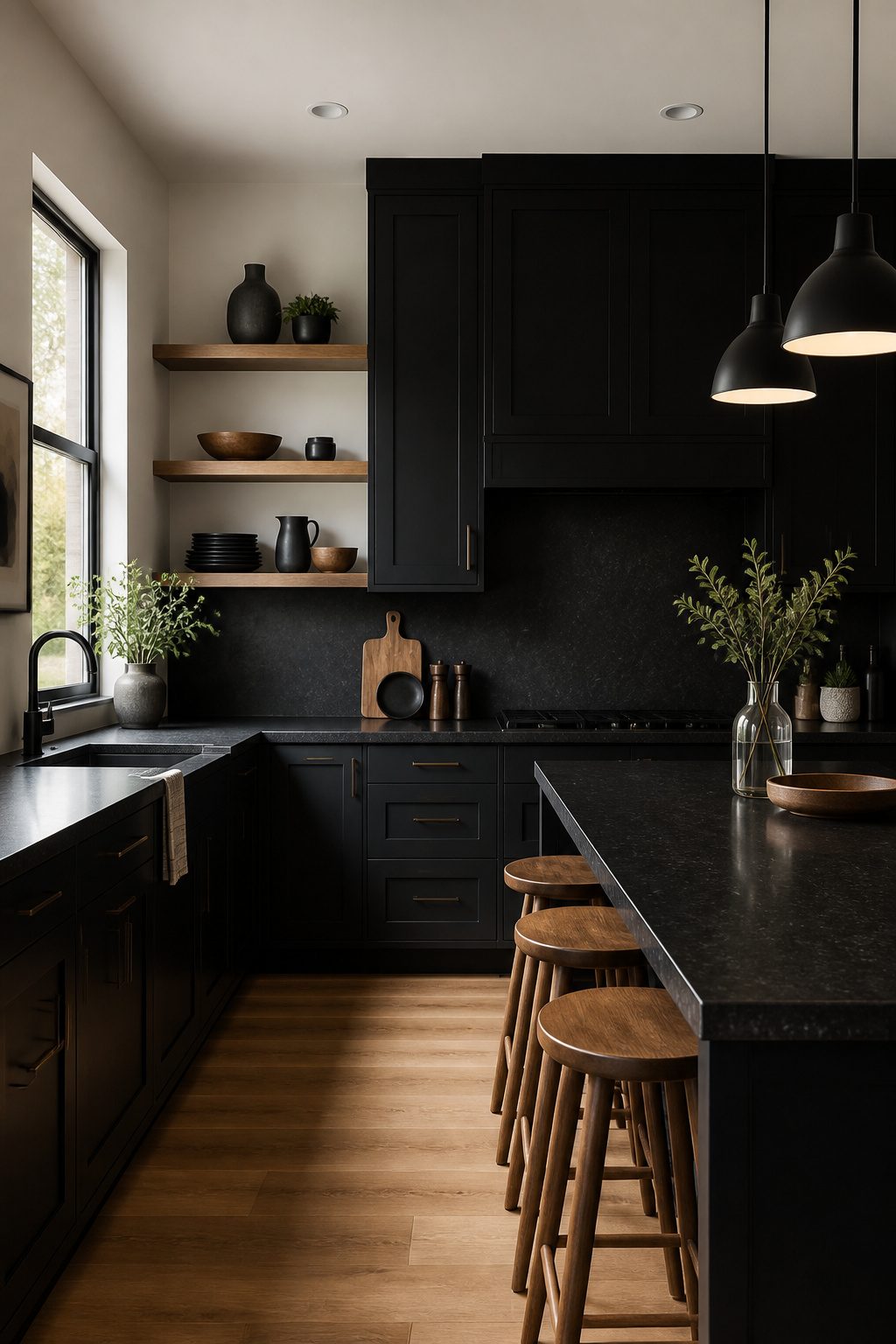 Dramatic kitchen with black cabinets and black countertops.