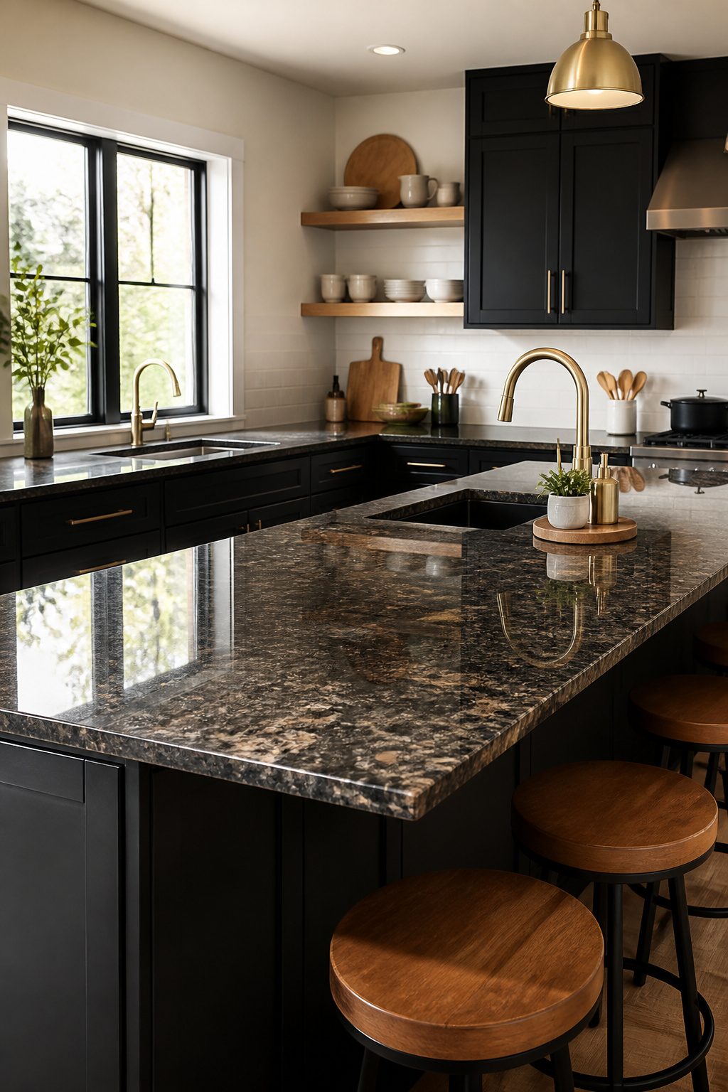 Kitchen showcasing polished granite countertops with black cabinets.