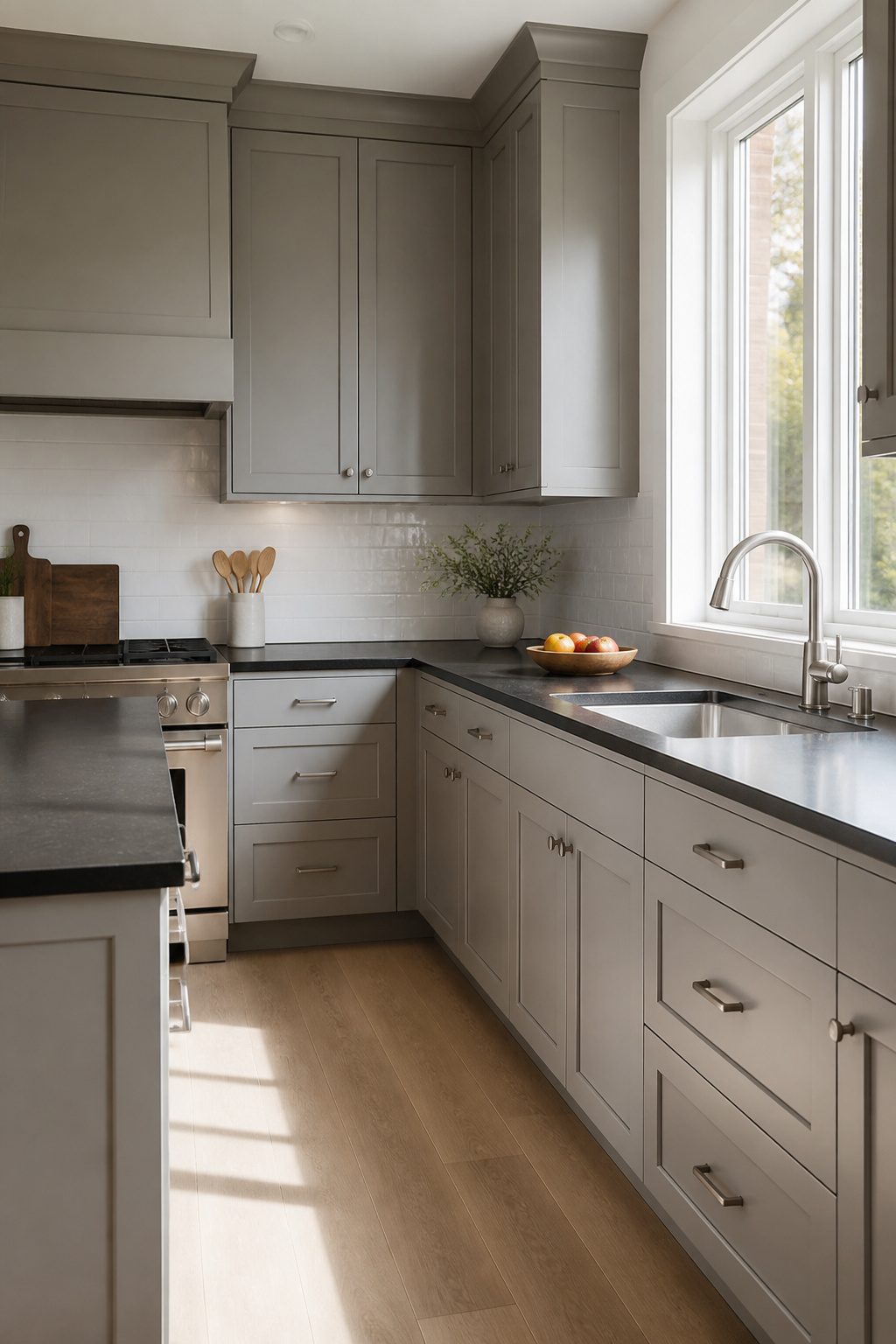 Kitchen featuring light gray cabinets and black countertops illuminated by natural light.