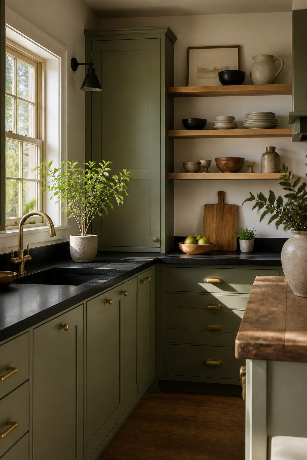 Kitchen with sage green cabinets and black countertops illuminated by sunlight.