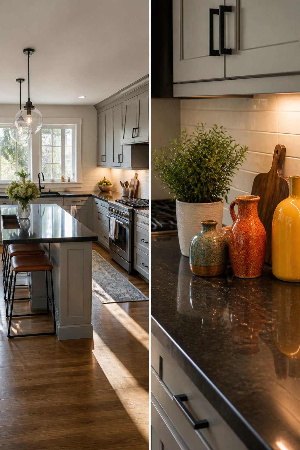 Kitchen scene showing how lighting affects cabinet colors next to black countertops.