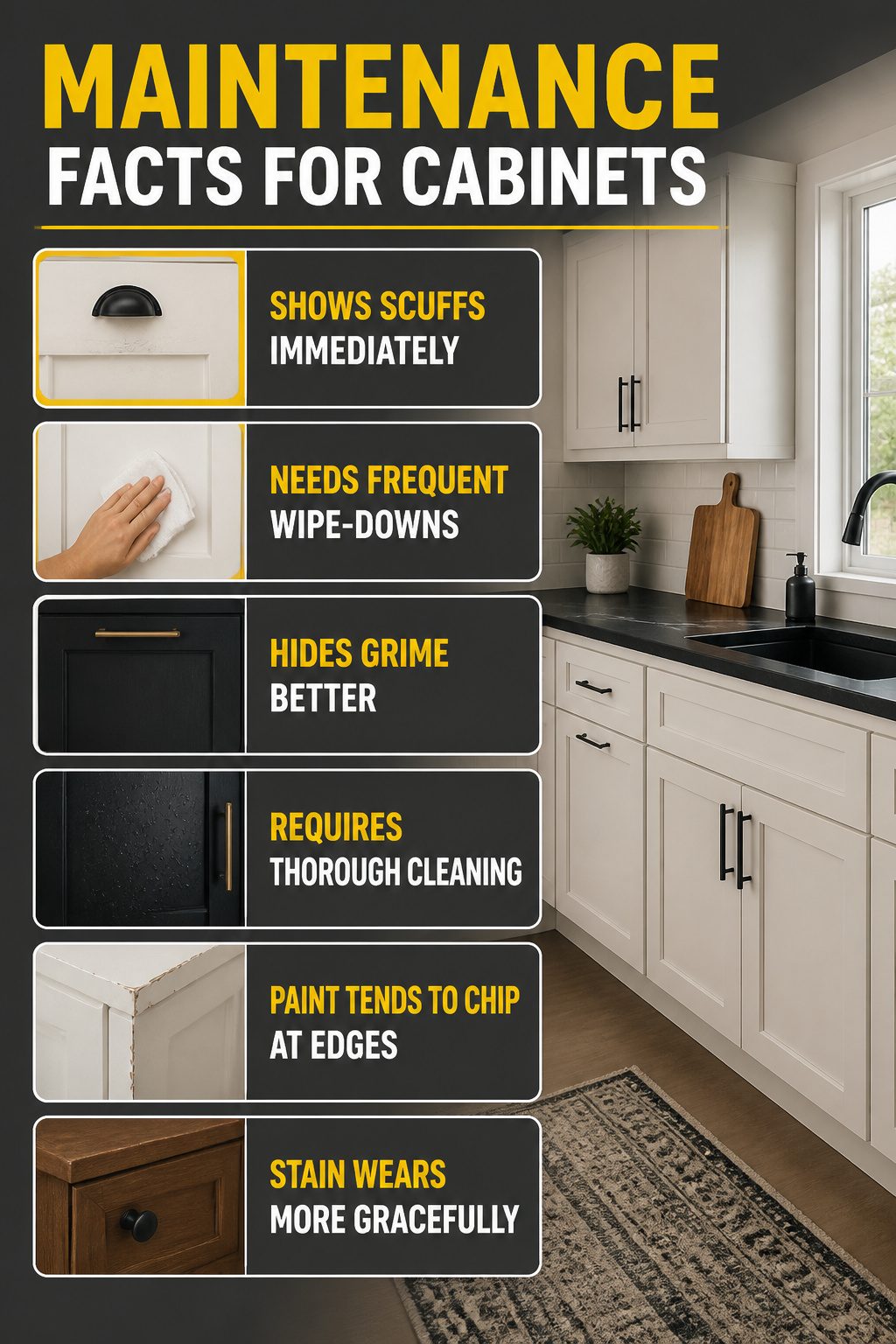Information image discussing maintenance facts for cabinets in kitchens.