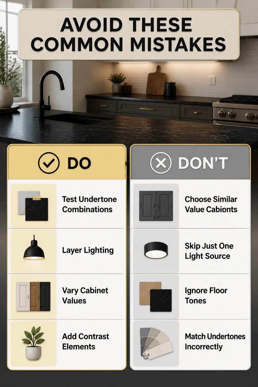 Information image highlighting mistakes to avoid with black countertops.