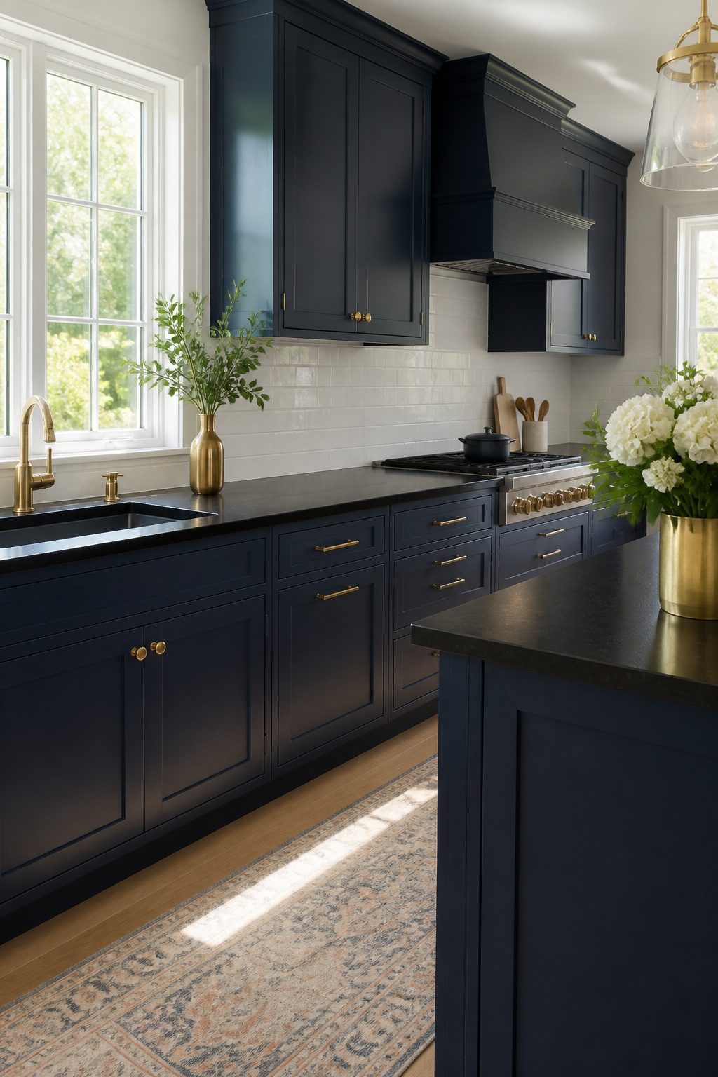 Kitchen featuring navy blue cabinets with black countertops and brass hardware.