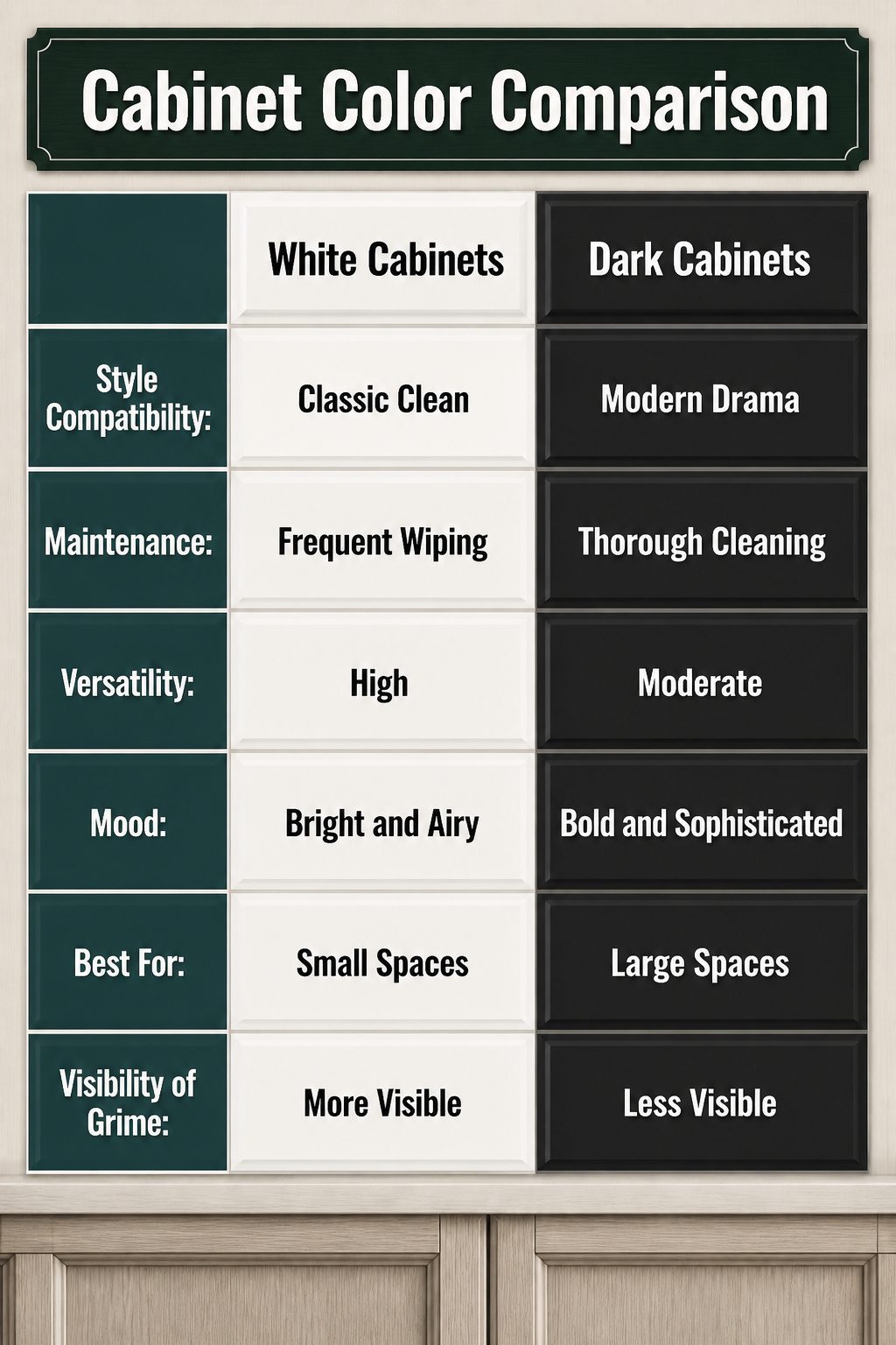 Image comparing different cabinet colors suitable for kitchens with black countertops.