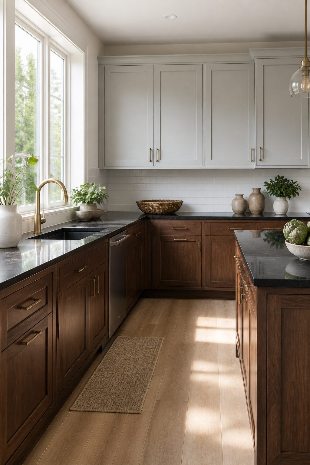 Kitchen with light gray upper cabinets and dark wood lower cabinets alongside black countertops.