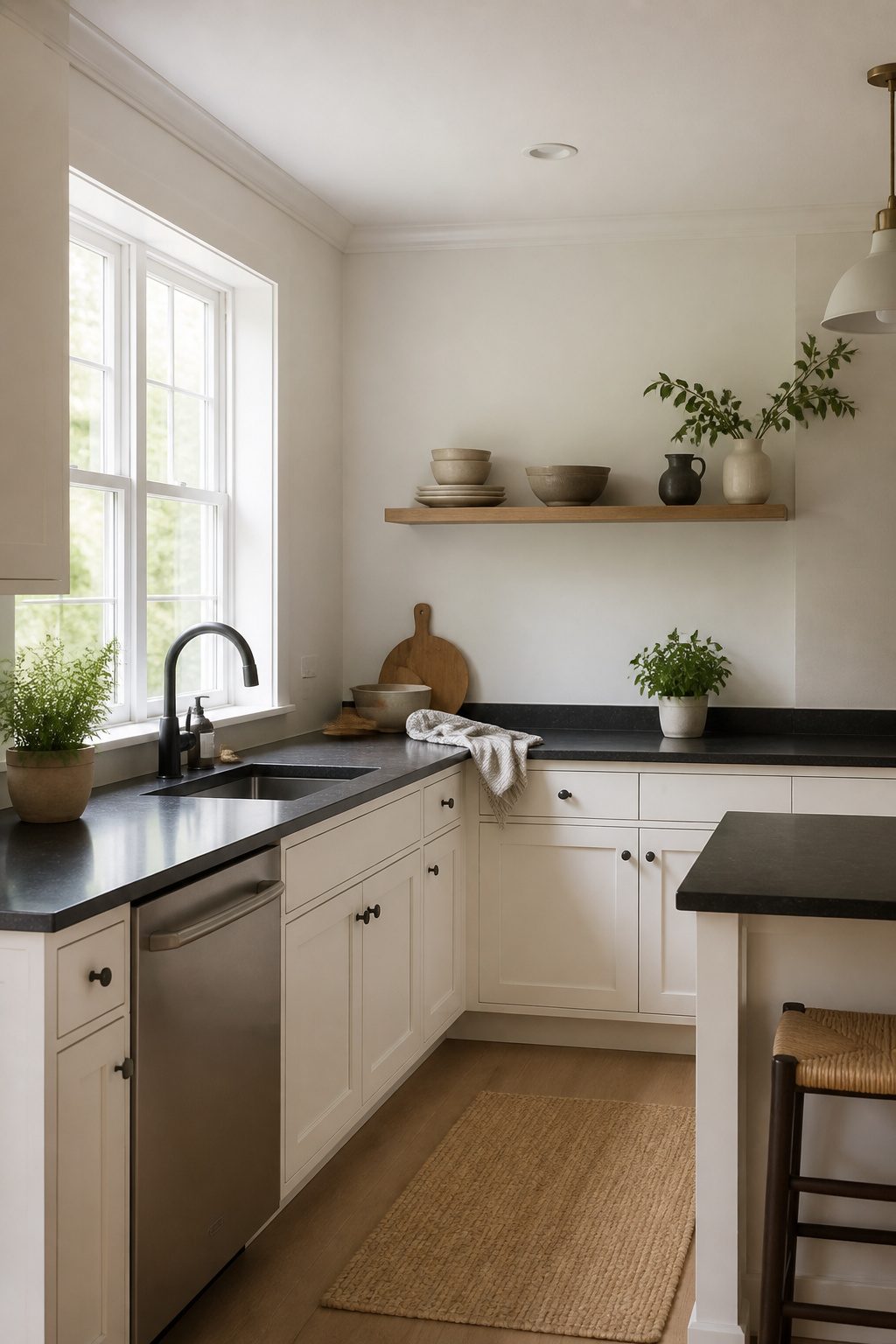 Kitchen with white cabinets, black countertops, and natural light.