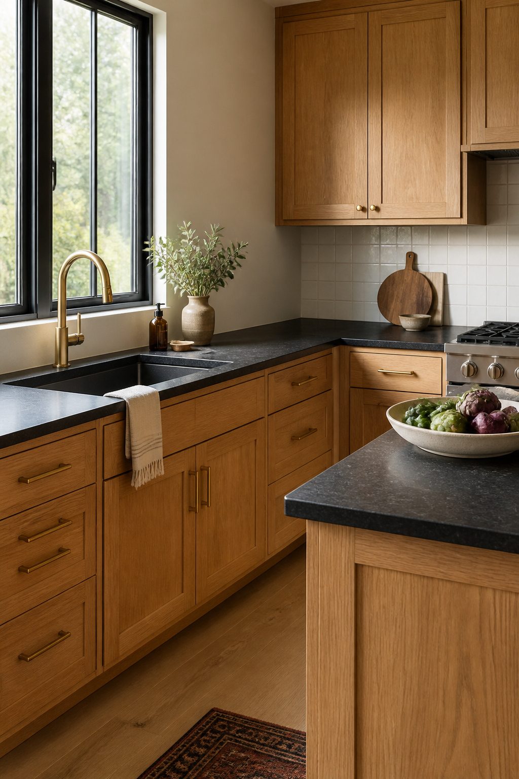 Kitchen showcasing light oak cabinets paired with black countertops.