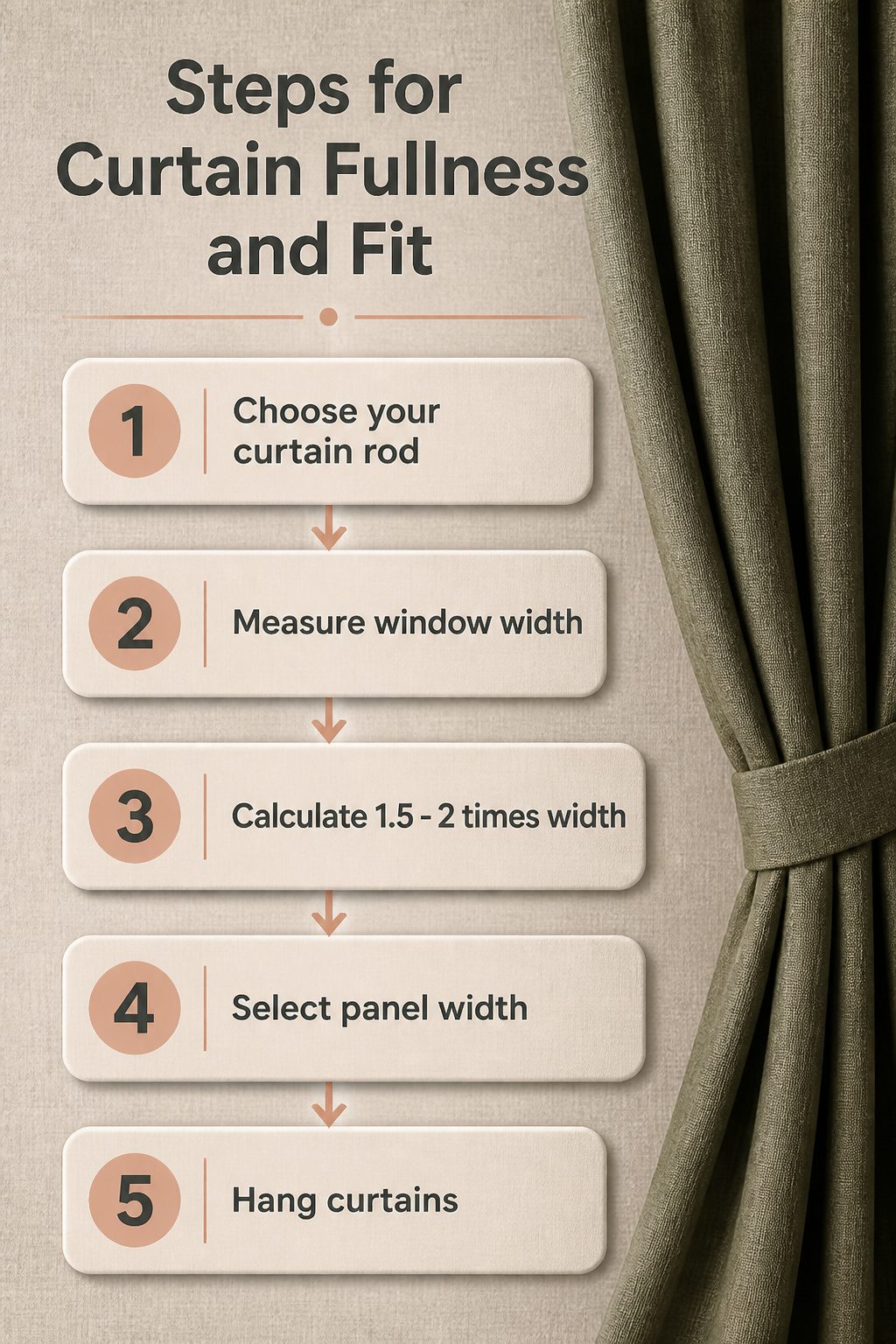 Image showing steps for achieving curtain fullness and fit.