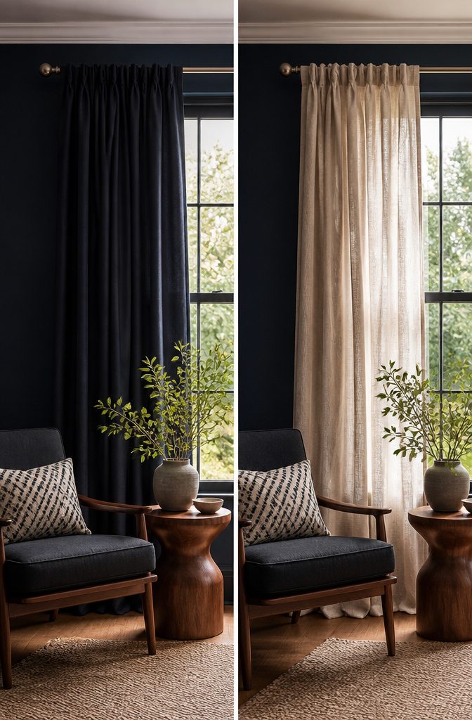 Light curtains against dark walls in a small room.